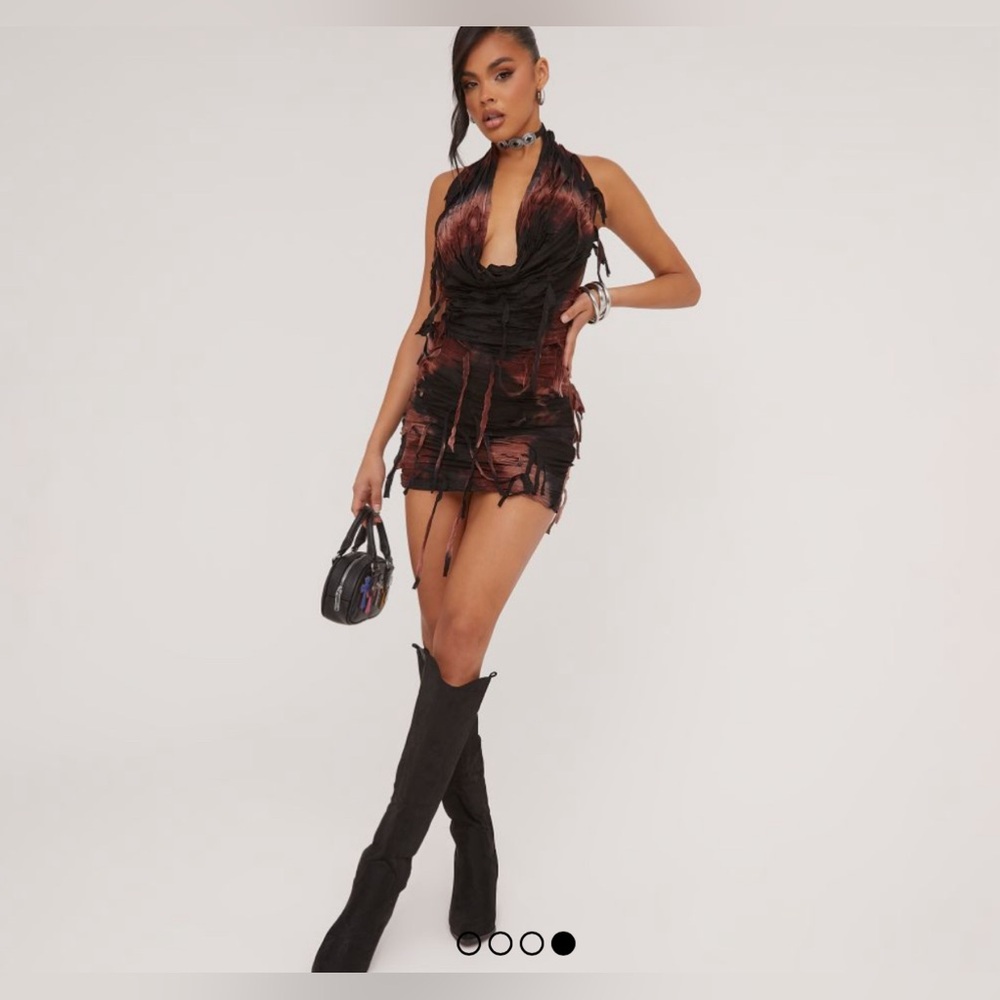 HALTERNECK COWL DISTRESSED DETAIL MINI DRESS IN BROWN OMBRE